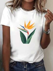 Women's T-Shirt With Floral Print By Bird Paradise | Casual Short Sleeve Crew Neck T-Shirt, Spring/Summer, Vivid Geometric Design, Comfortable Fabric, Durable Clothing - 白色 - 查看 7