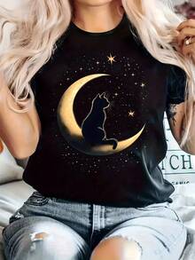 Women's Casual Printed T-Shirt, Round Neck, Short Sleeve, Slightly Stretchy Fabric, Regular Fit, Comfortable For All Seasons, Women's Clothing - 黑色 - 查看 1