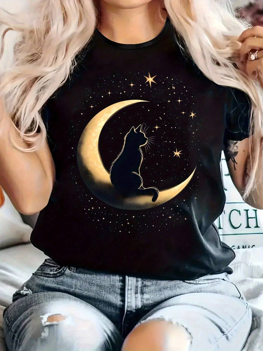 Women's Casual Printed T-Shirt, Round Neck, Short Sleeve, Slightly Stretchy Fabric, Regular Fit, Comfortable For All Seasons, Women's Clothing - 黑色 - 查看 1