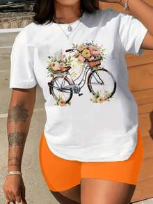 Bicycles And Flowers, Vintage Bicycle Print, Women's Casual Short Sleeve T-Shirt, Comfortable Fit, Matching Sets For Sisters, Outdoor Travel Essential, Women's T-Shirt, Spring/Summer T-Shirt. - 白色 - 查看 6