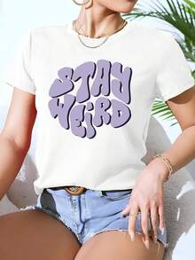 Stay Weird Graphic Women'S T-Shirt | Casual Round Neck Tee With Bold Purple Print, Soft & Comfortable Fit, Machine Washable, White, Casual Wear, Quirky Fashion, Texture, Crew Neck, Slight Stretch Fabric, Geometric Pattern - 白色 - 查看 7