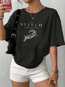 Goat Wo's Premium Loose Vintage Casual T-Shirt, Witch And New England Folktale Design, 100% Cotton, 1 Piece, Retro Graphic Print T-Shirt. New Summer T-Shirt For Women, Casual And Comfortable Crew Neck Top. Gift Idea. - 黑色 - 查看 1
