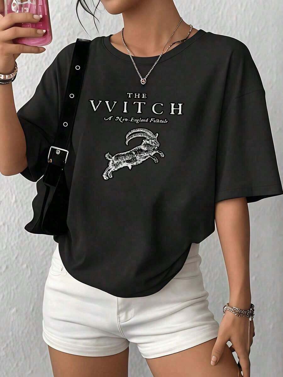 Goat Wo's Premium Loose Vintage Casual T-Shirt, Witch And New England Folktale Design, 100% Cotton, 1 Piece, Retro Graphic Print T-Shirt. New Summer T-Shirt For Women, Casual And Comfortable Crew Neck Top. Gift Idea. - 黑色 - 查看 1