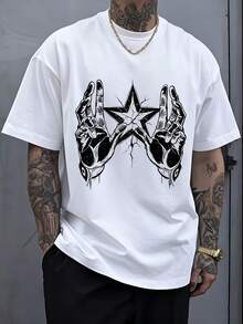 Men's T-Shirt With A Skull Hand Holding Stars Print, Featuring A Modern, Urban Style, Perfect For Lounging At Home, Summer Dates, Outings, Or Various Anniversary Celebrations. This T-Shirt Is Made Of High-Quality, Comfortable, And Breathable Fabric With A Strong Design Sense. The Unique Skull Hand Holding Stars Pattern Highlights Individuality And A Fashionable Attitude. It's An Essential Item For Creating A Cool And Stylish Summer Look, Especially Suitable For Men Seeking Individuality. It's Also An Excellent Gift Choice, Showcasing Your Unique Taste. Suitable For Parties And Everyday Wear, Perfect For Vacations And Playtime, Ideal For Parties And Family Holidays, Great For Back To School And Outings, Urban Style, Modern Fashion, Casual Summer Wear, And Warm-Weather Clothing. - 白色 - 查看 1