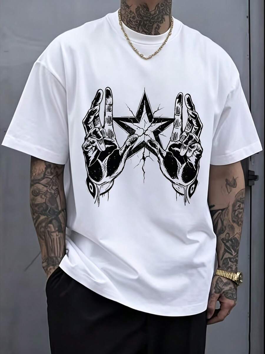 Men's T-Shirt With A Skull Hand Holding Stars Print, Featuring A Modern, Urban Style, Perfect For Lounging At Home, Summer Dates, Outings, Or Various Anniversary Celebrations. This T-Shirt Is Made Of High-Quality, Comfortable, And Breathable Fabric With A Strong Design Sense. The Unique Skull Hand Holding Stars Pattern Highlights Individuality And A Fashionable Attitude. It's An Essential Item For Creating A Cool And Stylish Summer Look, Especially Suitable For Men Seeking Individuality. It's Also An Excellent Gift Choice, Showcasing Your Unique Taste. Suitable For Parties And Everyday Wear, Perfect For Vacations And Playtime, Ideal For Parties And Family Holidays, Great For Back To School And Outings, Urban Style, Modern Fashion, Casual Summer Wear, And Warm-Weather Clothing. - 白色 - 查看 1