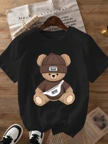 Camiseta de Verano de Alta Gama para Mujer con Estampado de Oso Marrón, Camiseta de Moda Moderna, Top Casual de Manga Corta con Cuello Redondo, Ropa de Primavera/Verano para Mujer. - Negro - Ver 4