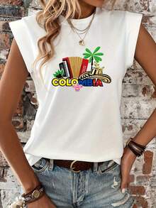 Colombian Carnival: Women's Crew Neck T-Shirt With A Modern And Casual Print Showcasing The Country's Charm With Elements Like Accordions, Palm Trees, And Wide-Brimmed Hats. Casual Women's Short-Sleeve Crew Neck T-Shirt, Local Urban Fashion For Spring/Summer. - 白色 - 查看 1