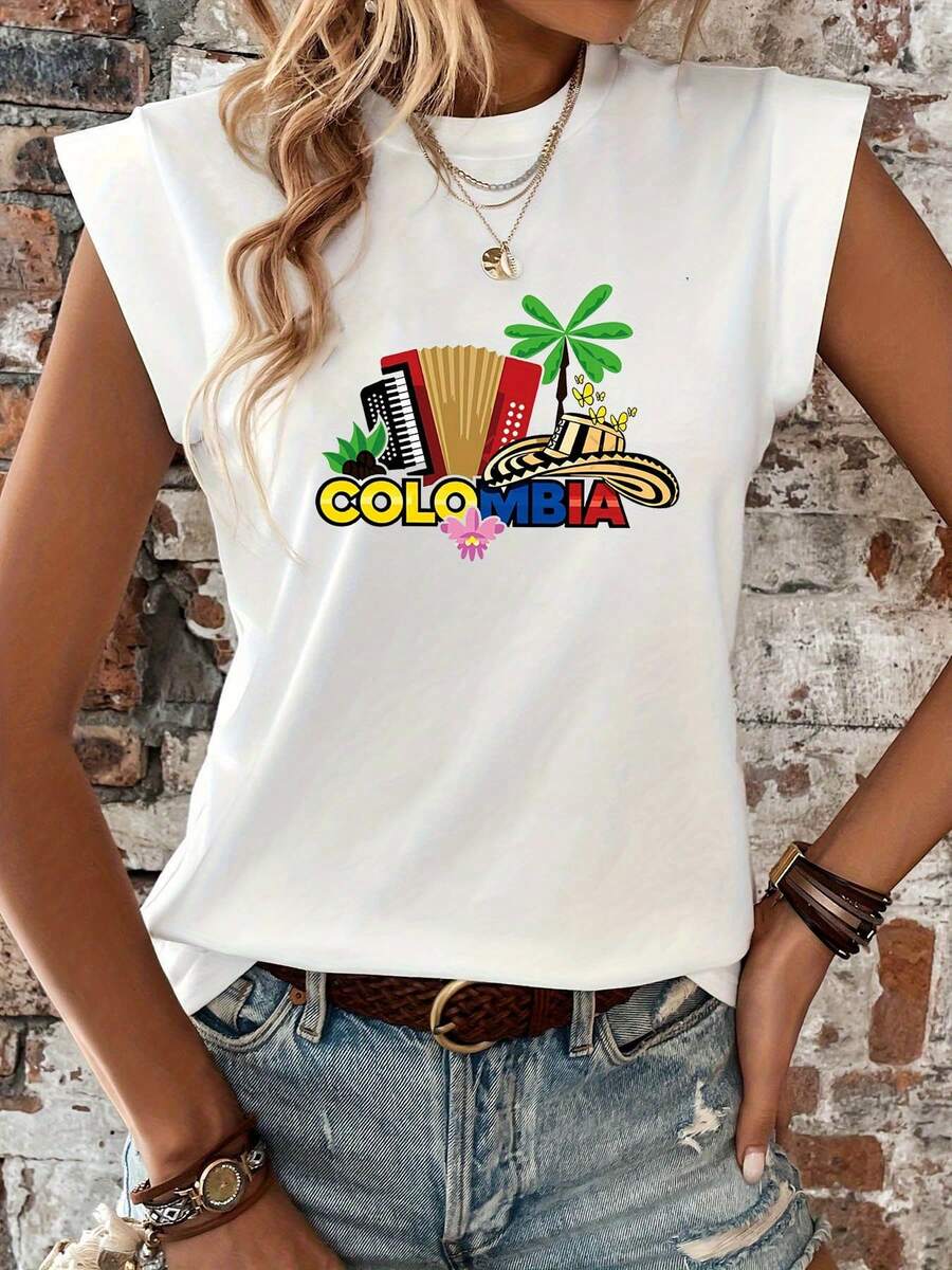 Colombian Carnival: Women's Crew Neck T-Shirt With A Modern And Casual Print Showcasing The Country's Charm With Elements Like Accordions, Palm Trees, And Wide-Brimmed Hats. Casual Women's Short-Sleeve Crew Neck T-Shirt, Local Urban Fashion For Spring/Summer. - 白色 - 查看 1