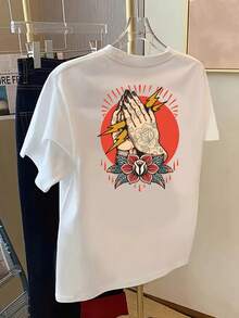 | Exquisite Design | Loose And Comfortable | Easy To Match | Women's Short-Sleeved, Round Neck, Double-Sided Printed T-Shirt With A Prayer And Rose Design, Made Of Soft-Touch Fabric, Classic Design For Spring And Summer, A Must-Have Fashion Item For Women. - 白色 - 查看 2