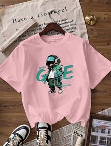 Anime-Style Character T-Shirt With "NEVER GIVE UP" Text.  Short-Sleeved T-Shirt For Spring And Summer 2026, Made In Mexico, 180 Grams. Cartoon Print, Couple Design, Suitable For Indoor Or Outdoor Wear. Crew Neck, Unisex, Ideal For The Office And Leisure. One-Pack. - PK-P631577SLNDXZGY597 - 查看 4