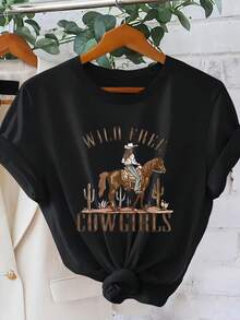 Women's Casual Summer T-Shirt, Western Cowgirl Print, American Retro Style, Short Sleeve T-Shirt For Women, Versatile Casual Spring/Summer Top, Unique Ranch Girl Style, Simple Round Neck, Comfortable And Breathable. - 黑色 - 查看 1