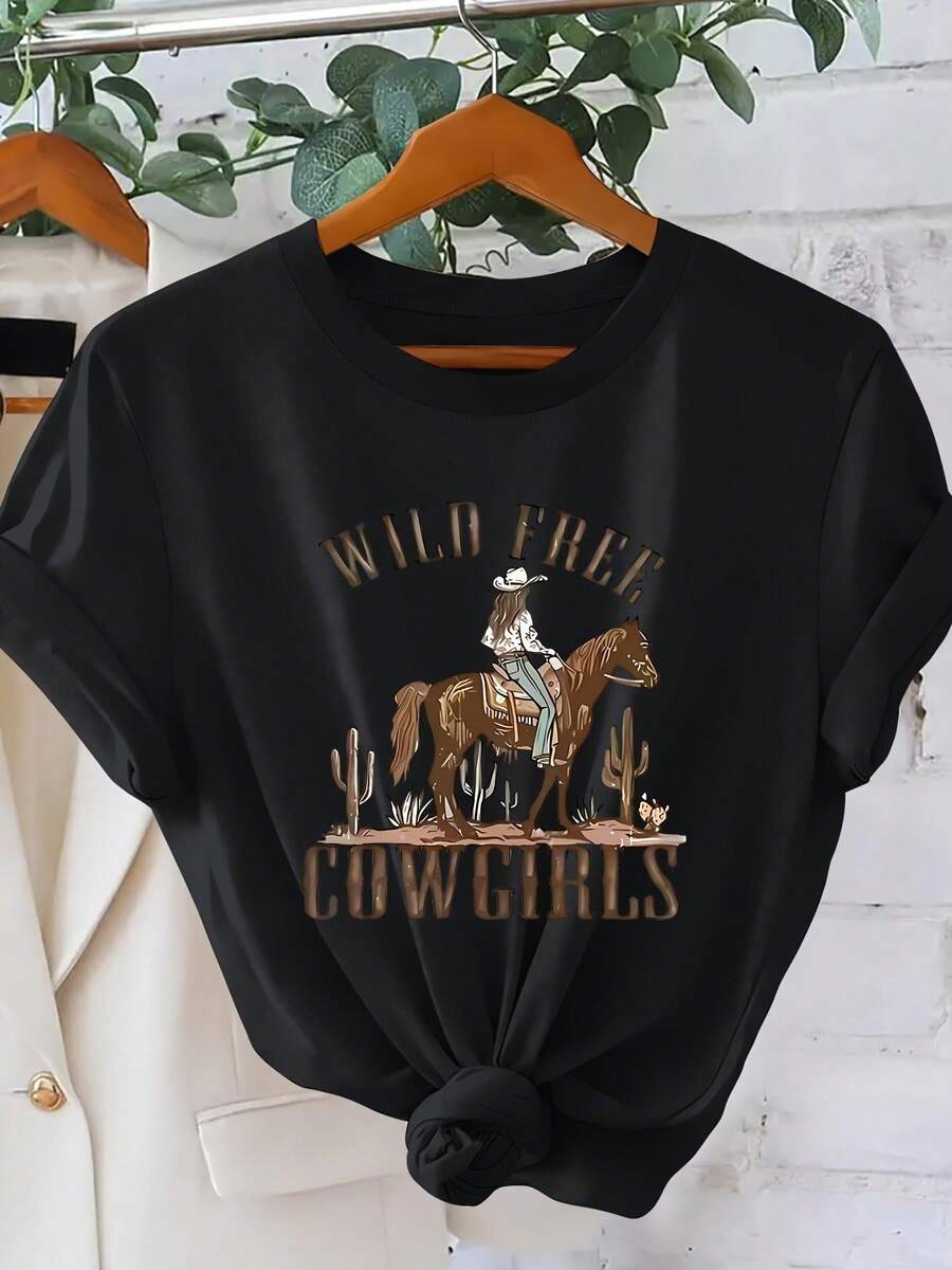 Women's Casual Summer T-Shirt, Western Cowgirl Print, American Retro Style, Short Sleeve T-Shirt For Women, Versatile Casual Spring/Summer Top, Unique Ranch Girl Style, Simple Round Neck, Comfortable And Breathable. - 黑色 - 查看 1