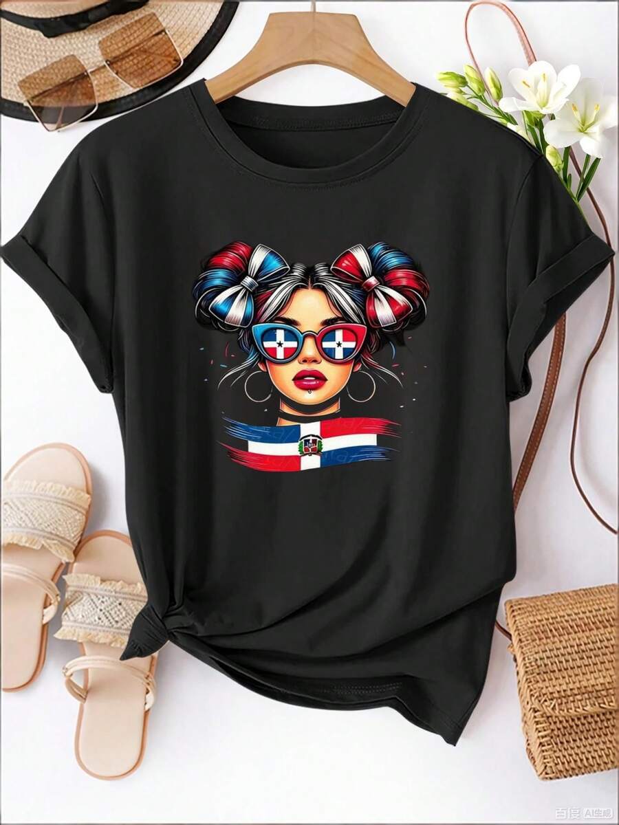 Women's Casual Sports T-Shirt - Black Elastic T-Shirt With Colorful Illustration Of Women And Accessories, Round Neck, Machine Washable, Comfortable Fit, For All Seasons, Unique And Modern Style. - 黑色 - 查看 1