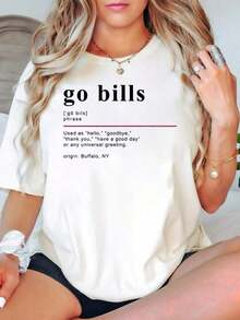 Women's Oversized Style Go Bills T-Shirt With Fun Design Celebrating The Buffalo Spirit With A Playful Interpretation Of The Phrase, Loose Fit Women's T-Shirt, Perfect For Christmas Parties Or As A Gift, Soft And Comfortable, Round Neck, 100% Cotton, Soft Fabric, Short Sleeve. - 白色 - 查看 1
