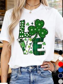 St. Patrick's Day T-Shirt With Shamrock Heart, Shamrock T-Shirt, St. Patrick's Day T-Shirt, Cute St. Patrick's Day T-Shirt, Green Heart T-Shirt, Short Sleeve Crew Neck T-Shirt 100% Cotton, Sizes S-XXXL, Solid Color, Crew Neck, Regular Fit, Versatile, Straight Short Sleeve Top. - 白色 - 查看 1