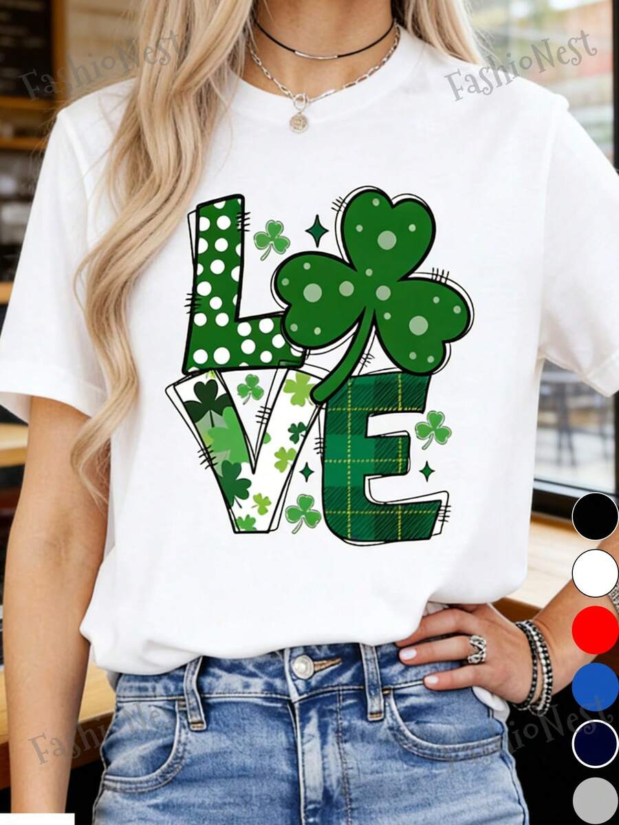 St. Patrick's Day T-Shirt With Shamrock Heart, Shamrock T-Shirt, St. Patrick's Day T-Shirt, Cute St. Patrick's Day T-Shirt, Green Heart T-Shirt, Short Sleeve Crew Neck T-Shirt 100% Cotton, Sizes S-XXXL, Solid Color, Crew Neck, Regular Fit, Versatile, Straight Short Sleeve Top. - 白色 - 查看 1