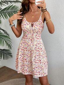 Vestido corto casual sin mangas con estampado floral pequeño para vacaciones y playa - Multicolor 2 - Ver 6