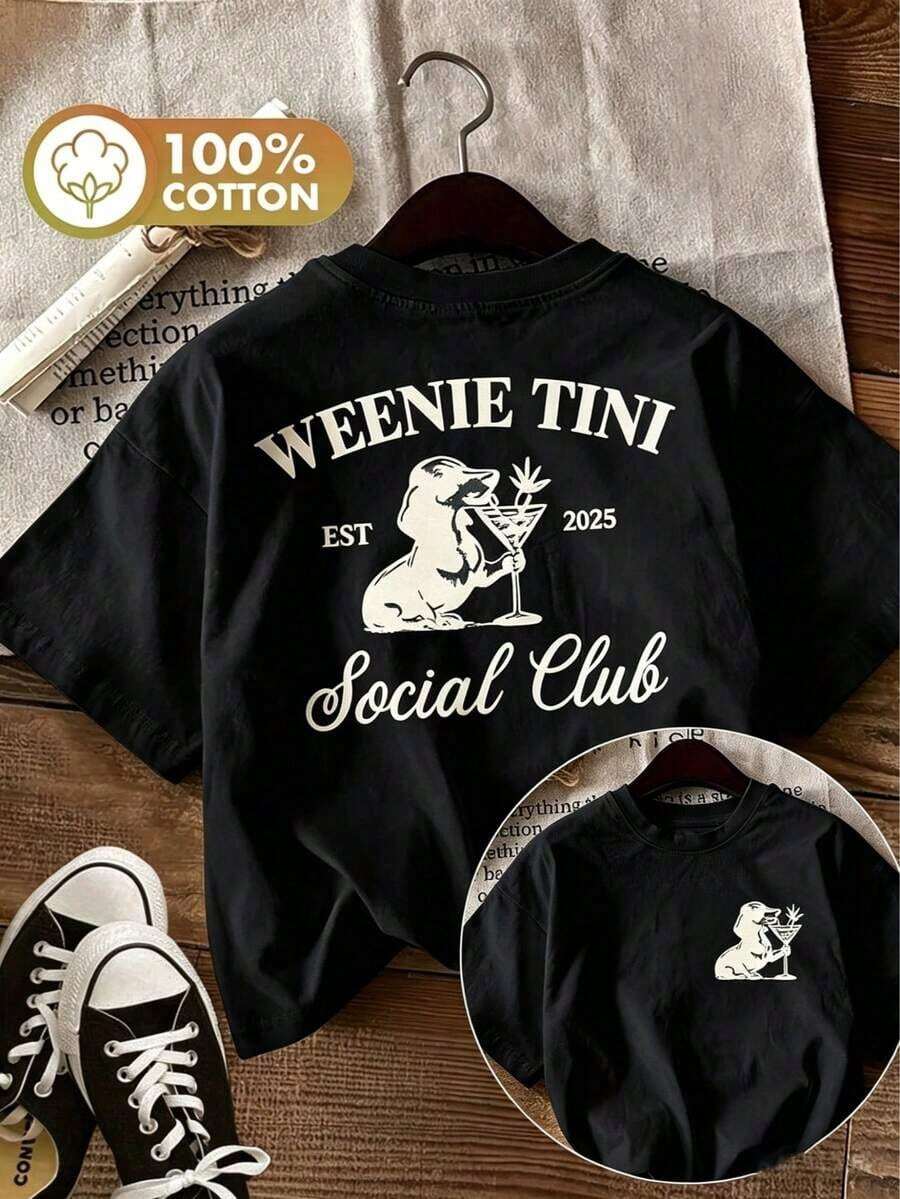[Front And Back Double Side Print] Pure Cotton Short Sleeve Crew Neck T-Shirt, Vintage Style Dachshund Dog Print "WEENIE TINI EST 2025" Slogan, Women's Casual Tops, Women's Holid - 後退 - 查看 1