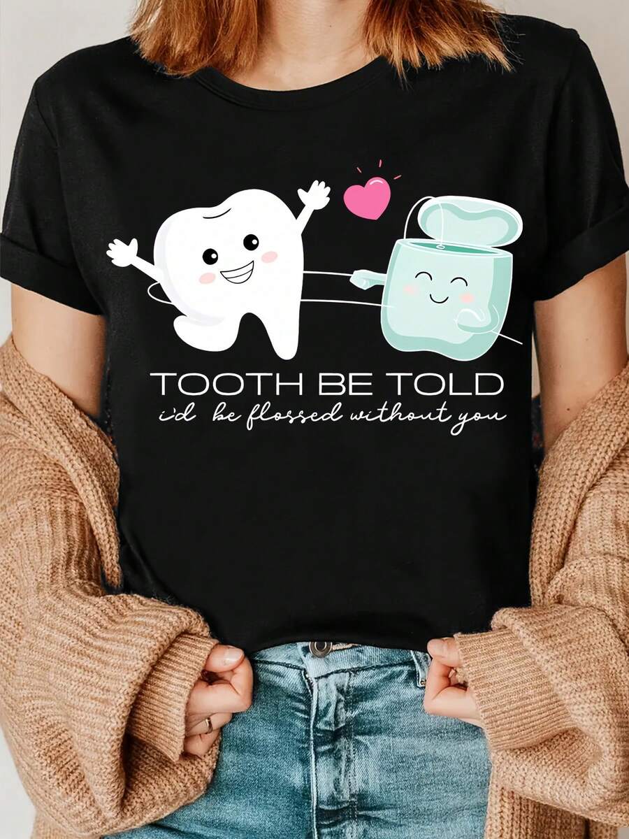 Camisetas con estampados de higiene bucal y hilo dental, camisetas para dentistas, camisetas grupales para dentistas, regalos para dentistas, camisetas familiares para dentistas - Negro - Ver 1
