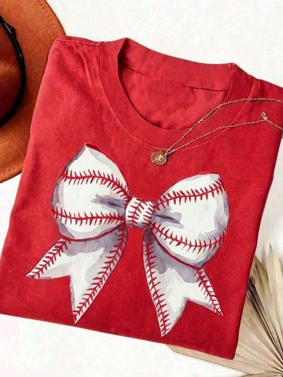 Mayan Culture 2026 Summer Clothes, Comfortable Blouse With Baseball Bow Print, Flirty Baseball Game Day T-Shirt, Baseball Season T-Shirt, Baseball Fan T-Shirt, Crew Neck Graphic Print T-Shirt For Sporty Moms, Loose And Comfortable Summer Tops, Cotton T-Shirt - 紅色 - 查看 1