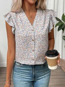 Clasi Blusa de mujer de verano con cuello en V y mangas cortas con estampado floral - Blanco - Ver 3