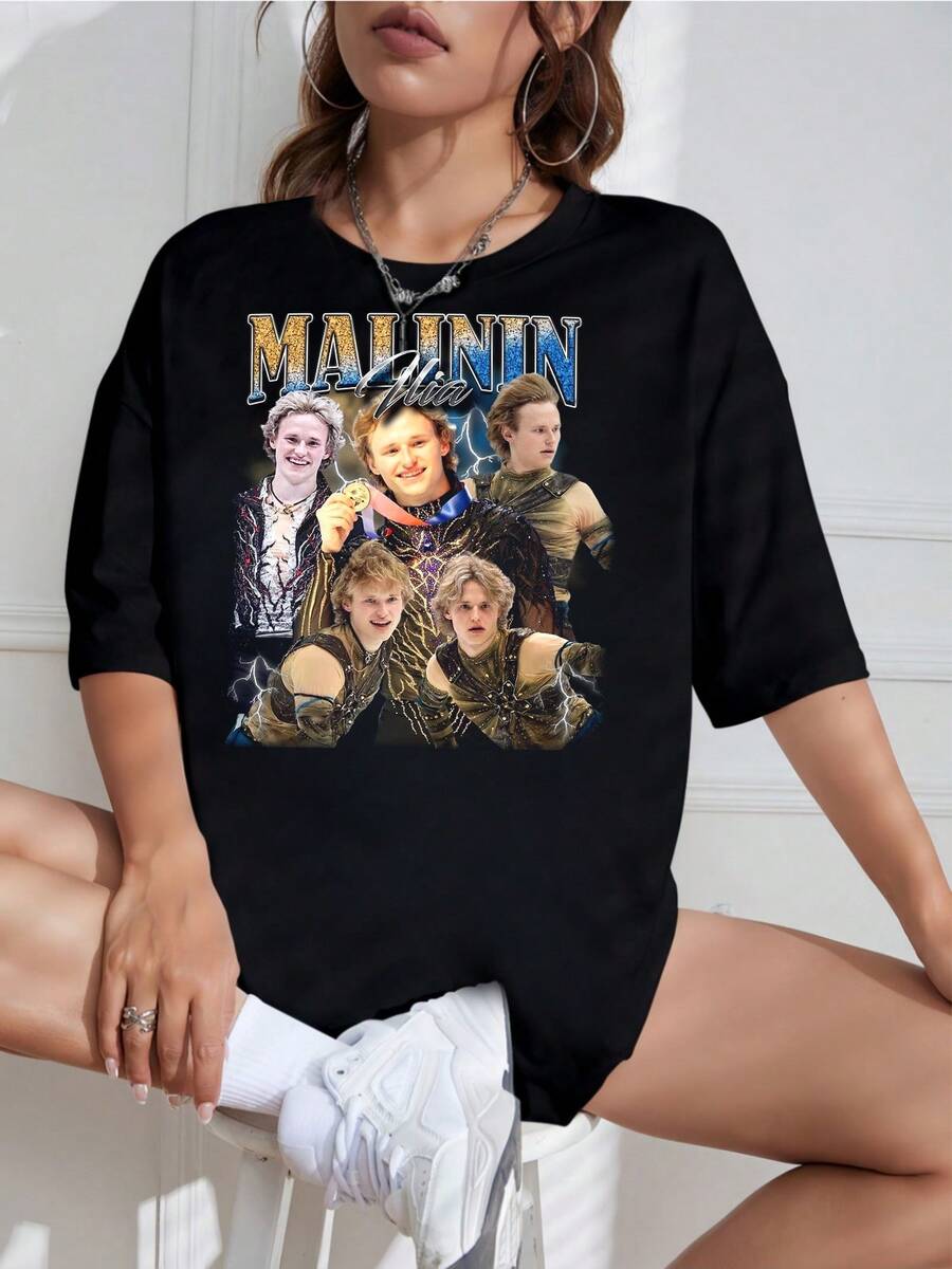 Vintage Ilia Malinin T-Shirt, American Figure Skater, 90s Retro Style, Classic Bootleg Graphic, New Arrival 2026. Vintage Bootleg Ilia Malinin T-Shirt From The 90s, Printed Figure Skating Athlete T-Shirt, Unisex, Fits Plus Sizes, Casual. - 黑色 - 查看 1
