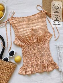 Blusa casual de mujer de algodón a cuadros naranja con tirantes tejidos y cordón en la cintura, blusa a cuadros naranja de verano, adecuada para el Día de San Valentín, el Carnaval, la playa, las vacaciones, el uso casual, la calle, la univers - Naranja - Ver 1