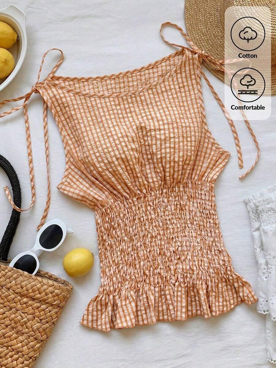Blusa casual de mujer de algodón a cuadros naranja con tirantes tejidos y cordón en la cintura, blusa a cuadros naranja de verano, adecuada para el Día de San Valentín, el Carnaval, la playa, las vacaciones, el uso casual, la calle, la univers - Naranja - Ver 1