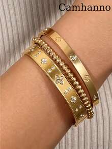 Camhanno 3pcs/1pc Wrist Flower Language Four Leaf Clover Bracelet | 18K Gold Plated Stainless Steel Small Design Women's Bracelet - Gold - View 1
