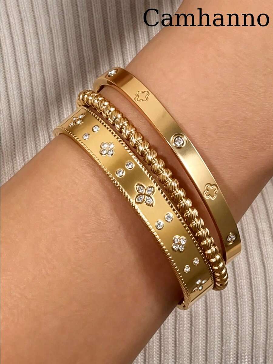 Camhanno 3pcs/1pc Wrist Flower Language Four Leaf Clover Bracelet | 18K Gold Plated Stainless Steel Small Design Women's Bracelet - Gold - View 1