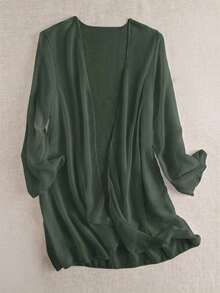 Swim Basics Kimono de manga larga de unicolor para mujer como cubierta casual - Verde militar - Ver 3