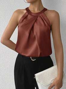 Privé Blusa de satén sin mangas con cuello de volantes de unicolor elegante para la oficina y el trabajo, color champán - Óxido marrón - Ver 4