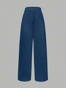 Pantalones acampanados de cintura alta con bolsillos de unicolor, de ajuste holgado, para mujer, para primavera y otoño - Azul - Ver 2