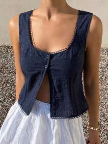 Cárdigan corto sin mangas casual de mujer, estilo bohemio, con textura de rayas, adecuado para la playa, la calle, primavera/verano - Azul marino - Ver 2