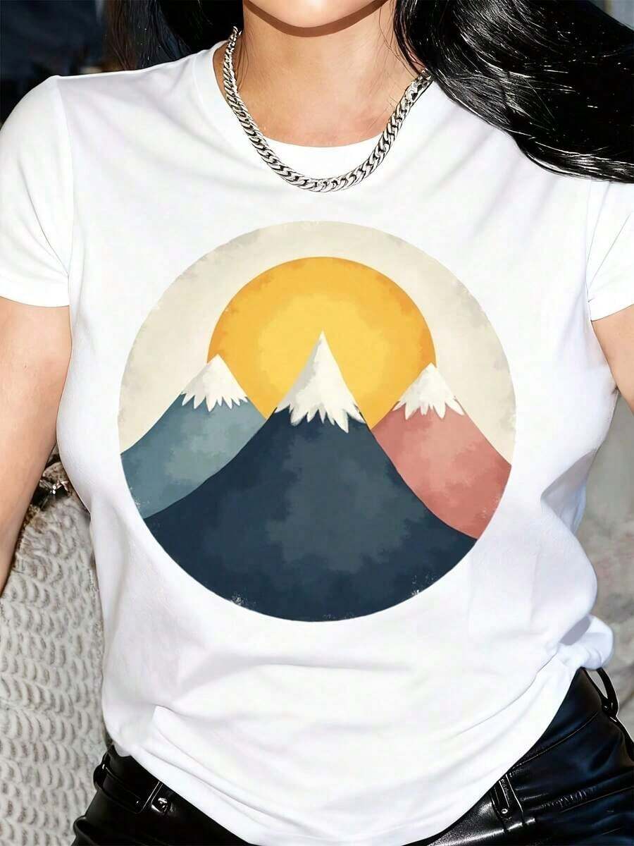 1pc 180g Women's T-Shirt, Women's Top, Blue, Beige, Orange, Green, Mountain Print, Round Neck, Short Sleeve, Casual Top, Relaxed And Breathable, Perfect For Daily Wear, Parties, Holidays, Work, Suitable For All Seasons - 白色 - 查看 1