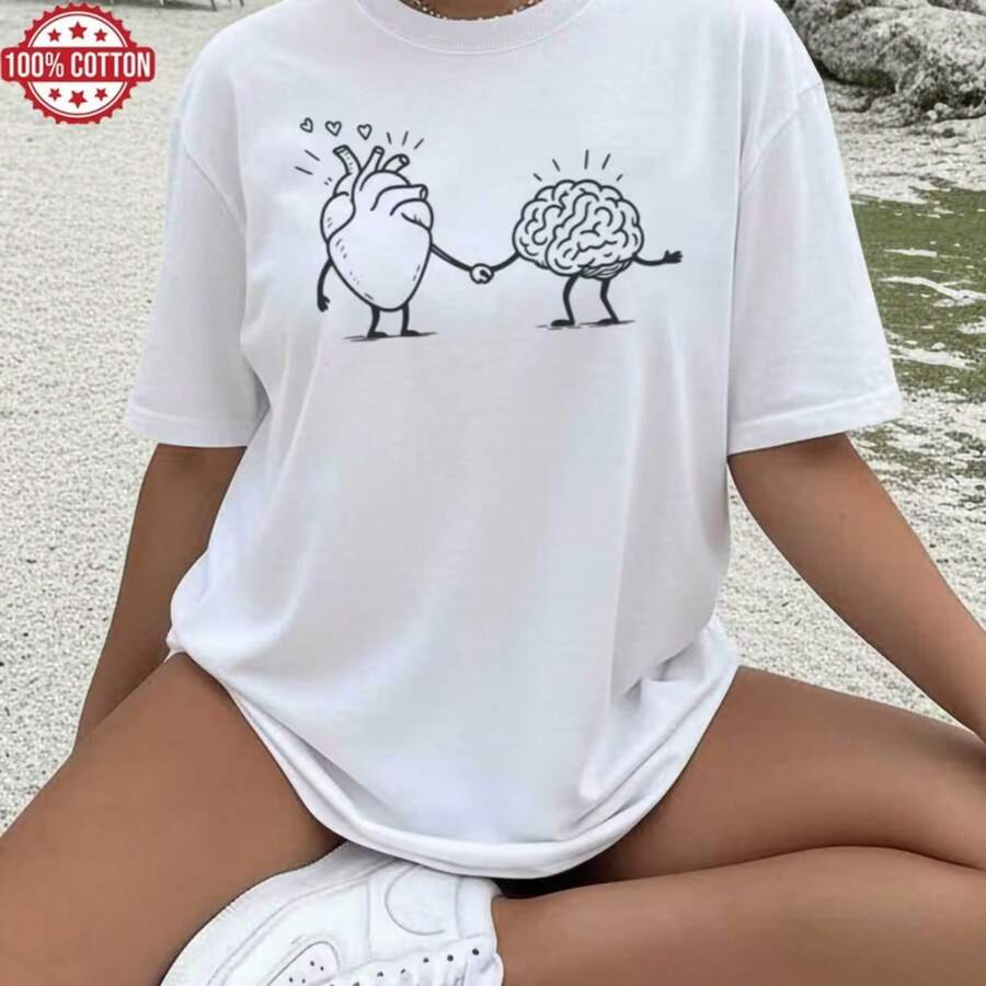 Camiseta estampada, algodón puro, cuello redondo, camisa de moda neutral, creativa, blusa casual de verano para hombres y mujeres, camiseta suave y cómoda, - Blanco - Ver 1