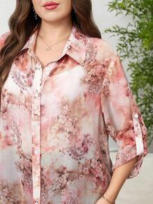 Chikora Camisa de manga larga con estampado floral y abotonadura sencilla para mujer de talla grande - Multicolor 3 - Ver 2