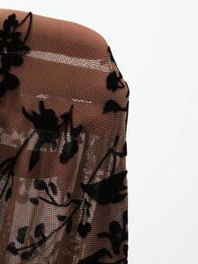 Blusa de mujer con cuello en V de malla con estampado floral, cordón ajustable, bajo asimétrico y mangas acampanadas.Adornada con lentejuelas brillantes, adecuada para verano, primavera y Día de San Valentín.Blusas de manga larga para mujer. - Marrón - Ver 11
