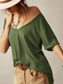 Camiseta casual de mujer de manga corta y cuello en V de unicolor holgada - Verde militar - Ver 5