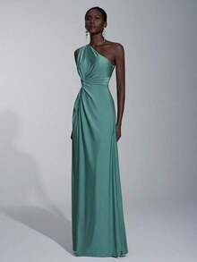 Vestido holgado de dama de honor de línea A con un hombro, de tela elástica tejida de color verde romántico y elegante - Verde - Ver 3