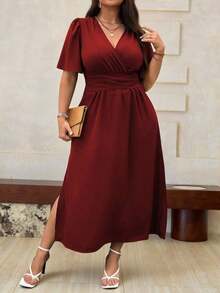 Vestido maxi de verano para mujer talla grande, de manga corta con volantes y cuello en V de un solo color - Burdeos - Ver 4