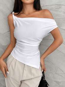 Camiseta de verano con hombro asimétrico con volantes y bajo asimétrico, estilo para ir al trabajo - Blanco - Ver 5