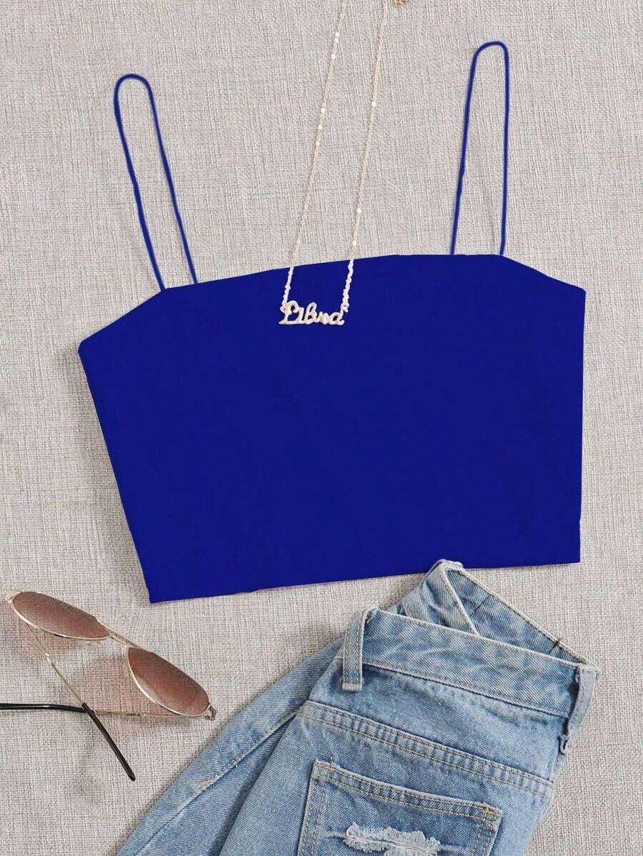 Top corto de tirantes delgado unicolor - azul real - Ver 1