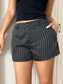 Shorts de mujer de talle bajo con rayas tejidas - Negro - Ver 3