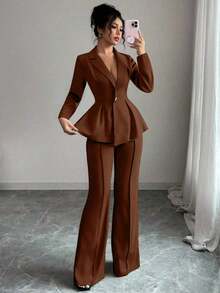 Traje elegante que afina la cintura, pantalones acampanados y estilizadores para uso diario, adecuado para vacaciones, citas, Día de la Independencia, atuendo de maestra - Marrón Mocha - Ver 3