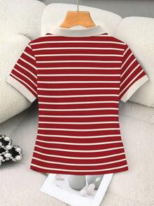 Camisa polo corta de mujer con estampado a rayas de equitación, cuello de color contrastante - Multicolor 6 - Ver 2