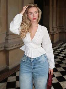 Women's Solid-Color Shirt With V-Neck, Straight Shoulders, Long Sleeves, Gathered Bow And Ruffled Hem - 黑色 - 查看 6
