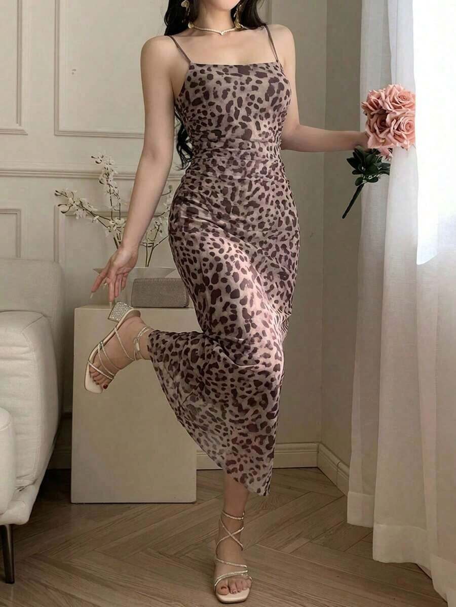 Vestido de tirantes con abertura y volantes en degradado, vestido de verano y cóctel elegante para mujer - Marrón - Ver 1