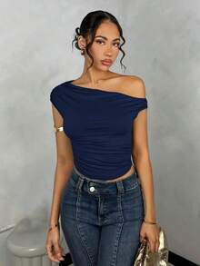 Blusa de verano con hombros asimétricos fruncidos en unicolor para mujer - Azul marino - Ver 6