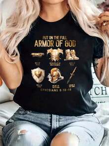 Christian T-Shirt For Women, 100% Cotton, With The Phrase "Armor Of God", 220g Heavyweight Cotton Christmas T-Shirt For Women (1 Piece) - 白色 - 查看 8